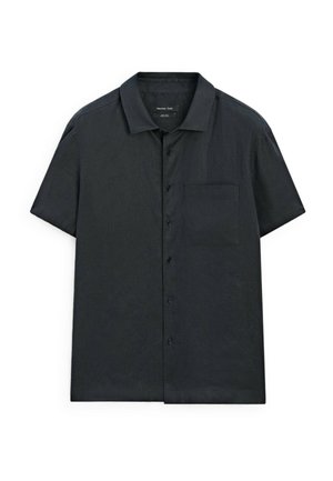 Short-sleeve button-up shirt in dark gray fabric, featuring a simple collar, single chest pocket, and a smooth texture.