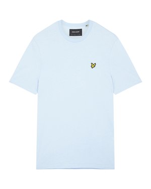 T-shirt en coton bleu clair avec col rond, arborant un petit logo d'oiseau jaune brodé sur le côté gauche de la poitrine. Manches courtes, couleur unie.