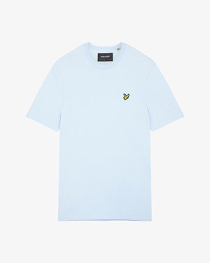 Lichtblauw katoenen T-shirt met een ronde hals, voorzien van een klein geel vogellogo geborduurd op de linkerborst. Korte mouwen, effen kleur.