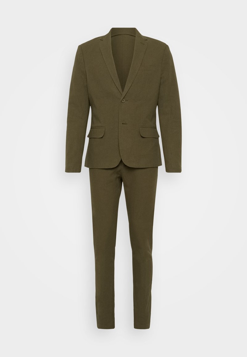 Olijfgroen pak van gestructureerde stof, met een blazer met één knoop en slim-fit broek met een gladde afwerking.