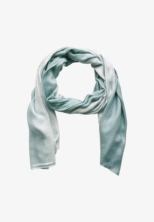 Leichter türkisfarbener Schal aus weichem Material mit Karomuster. Er hat eine glatte Textur und fällt locker in einer kreisförmigen Form.