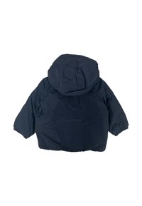 Giubbotto piumino blu navy con cappuccio. Presenta polsini elasticizzati, un retro arrotondato e una texture liscia. Adatto per il freddo.