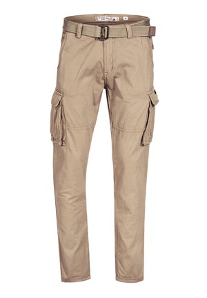 Beiga cargo-byxor med ett flätat bälte, flera sidofickor, rak bendesign och bomullstyg för komfort och hållbarhet.