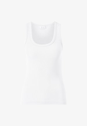 Bílý žebrovaný top bez rukávů s kulatým výstřihem a širokými ramínky. Měkká textura a přiléhavý design, vhodný pro vrstvení nebo běžné nošení.