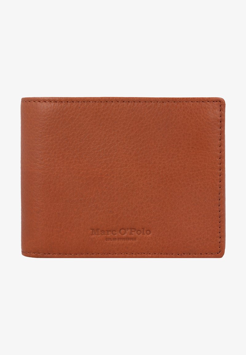 Tan leather wallet with a textured finish. Features a debossed logo at the bottom. Compact, rectangular shape with stitched edges.