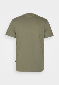 Olive green, short-sleeved t-shirt featuring a crew neck, made of soft cotton, with a straight cut and a small brand label at the bottom left.
