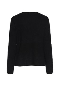 Suéter preto canelado com mangas longas e decote redondo. Material de malha grossa proporciona uma aparência texturizada. Sem fechos visíveis.