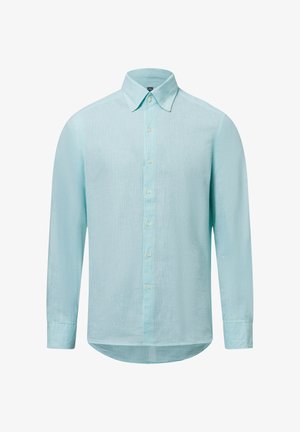 Himmelblaues Langarmhemd aus gewebtem Stoff, mit einem Kentkragen und einer durchgehenden Knopfleiste mit weißen Knöpfen sowie einem abgerundeten Saum.