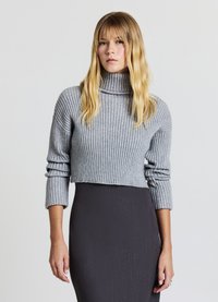 Grauer, gerippter Rollkragensweater mit Dreiviertelärmeln und cropped Design. Getragen über einem dunklen, figurbetonten Kleid mit strukturiertem Muster.