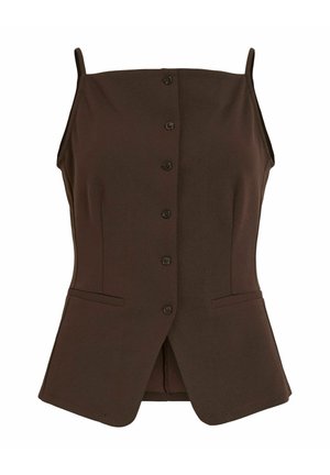 Tmavě hnědý tílko s tenkými ramínky, předními knoflíky, mírným rozšířením na spodním okraji a dvěma malými horizontálními kapsami poblíž pasu.