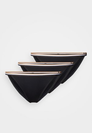 Cuecas de biquíni pretas com um cós plano com um detalhe riscado a branco e dourado. Três pares empilhados com textura lisa.