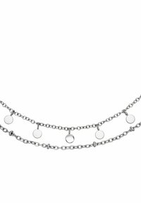 Silberne Kettenhalskette mit mehreren kreisförmigen Anhängern, die ein wechselndes Muster aus Gliedern und glatten, runden Charms aufweist.