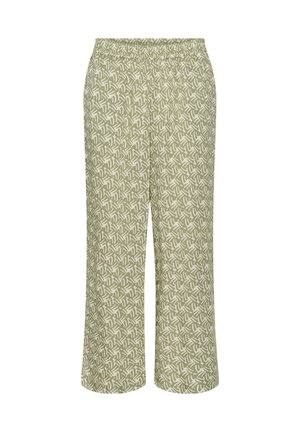 Green patterned trousers with an elastic waistband, featuring a repeating leaf design in a lighter shade on a textured fabric.