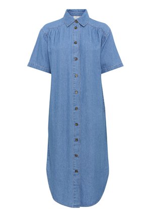 Blue denim shirt dress with short sleeves, button-down front, and curved hem. Features stitched detailing along seams and pockets.