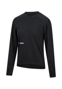 Maglia sportiva nera a maniche lunghe con collo rotondo, maniche raglan, un tessuto strutturato e un piccolo logo bianco "cep" sul davanti.