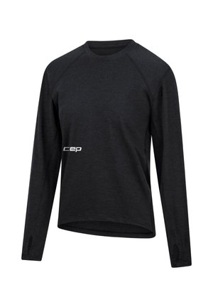 Maglia sportiva nera a maniche lunghe con collo rotondo, maniche raglan, un tessuto strutturato e un piccolo logo bianco "cep" sul davanti.