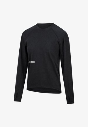 Black long-sleeve athletic shirt with a rounded neckline, raglan sleeves, a textured fabric, and a small white "cep" logo on the front.