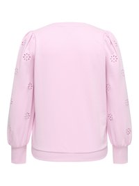 Pink sweatshirt with balloon sleeves, featuring cut-out floral patterns along the sleeves and a ribbed hem. Soft cotton material.