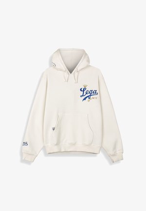 Beige Kapuzenpullover aus Baumwolle mit einer Fronttasche, Kordelzugkapuze und gesticktem blau-goldenem "Lega Grmy"-Logo.