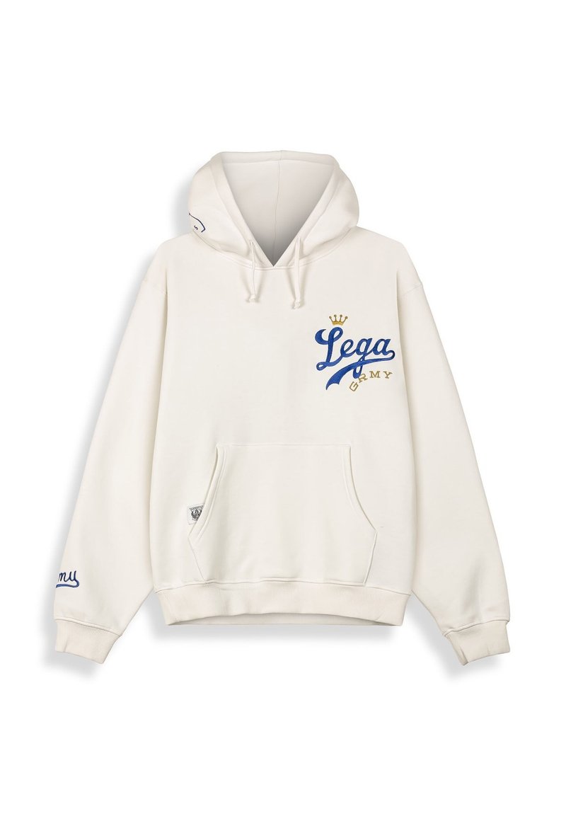 Beżowy hoodie wykonany z bawełny, z kieszenią z przodu, kapturem ze sznurkiem oraz haftowanym niebieskim i złotym logo "Lega Grmy".