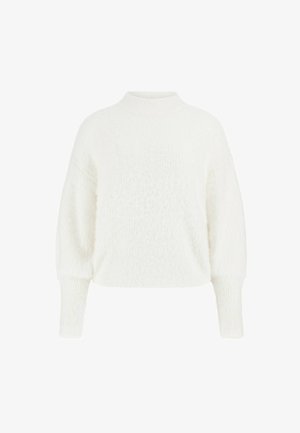 White, fluffy sweater with a high neck, dropped shoulders, and long sleeves. Features a textured fabric for added warmth.