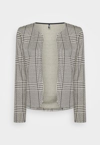 Sako s vzorem houndstooth v černobílém provedení, s krátkým střihem, otevřeným předním dílem a dlouhými rukávy, vyrobené z texturované tkaniny.