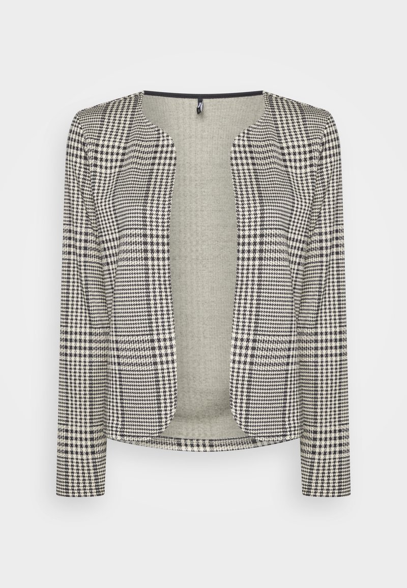 Sako s vzorem houndstooth v černobílém provedení, s krátkým střihem, otevřeným předním dílem a dlouhými rukávy, vyrobené z texturované tkaniny.