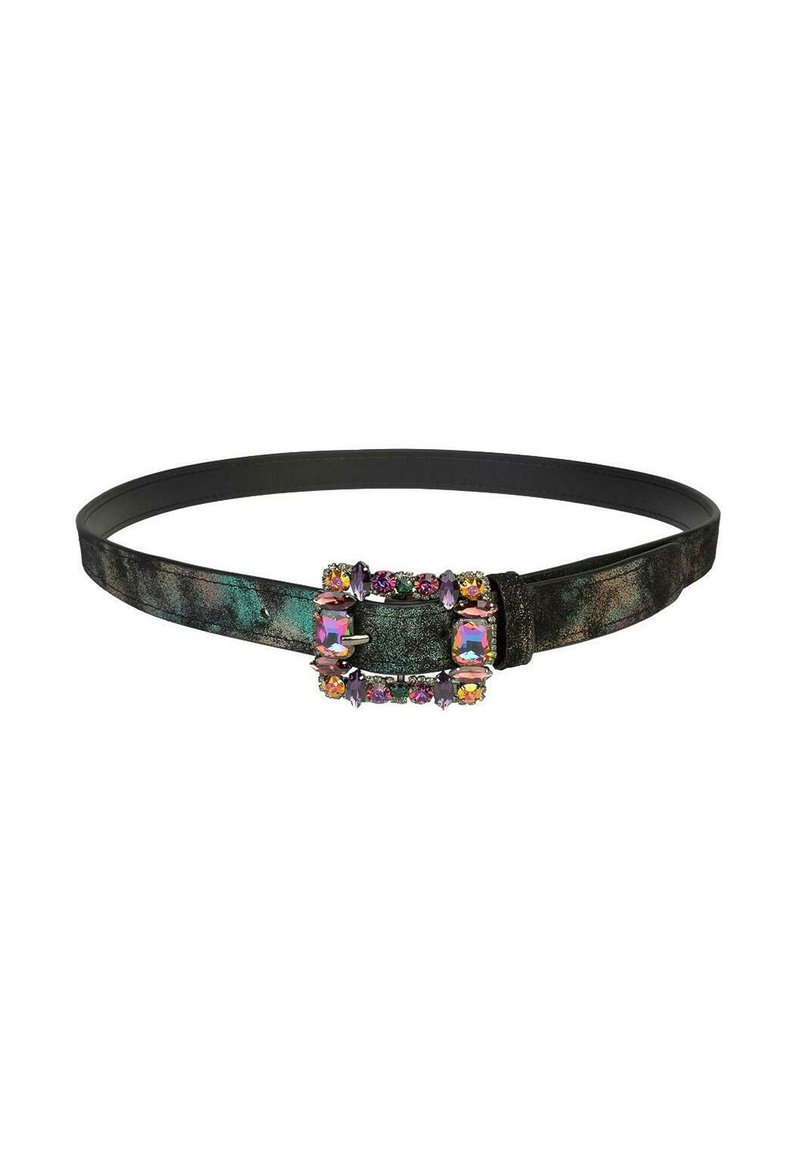 Zwarte leren riem met een iriserende afwerking, voorzien van een decoratieve gesp versierd met verschillende gekleurde rhinestones.
