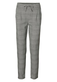 Gray plaid trousers with a drawstring waistband. Made of a soft fabric, featuring two side pockets and a tailored, tapered fit.