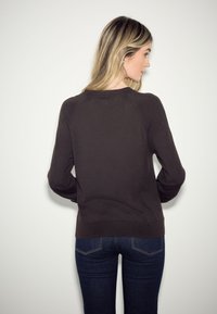 Maglione marrone a maniche lunghe con scollo rotondo e polsini a coste. Abbinato a jeans blu scuro con un delicato motivo di cuciture.