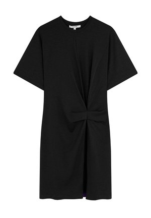 Abito T-shirt nero con maniche corte, dotato di un dettaglio frontale attorcigliato e una leggera fodera viola. Realizzato in tessuto morbido e leggero.