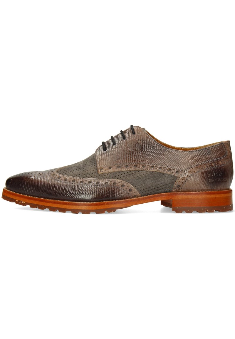 Scarpa da uomo in pelle marrone con dettagli perforati, punta liscia e accenti testurizzati a contrasto. Presenta una punta rotonda e suola in gomma.