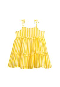 Vestido sin mangas de rayas verticales amarillas y blancas con detalles de volantes y tirantes atados para niña.