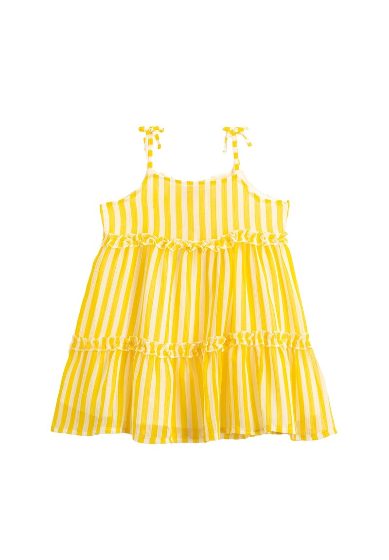 Vestido sin mangas de rayas verticales amarillas y blancas con detalles de volantes y tirantes atados para niña.