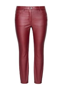 Rode leren broek met een slim fit, voorzien van een ritssluiting, knoopsluiting en een vijf-pocket ontwerp. Gladde textuur met minimale stikdetails.