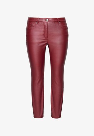 Red leather pants with a slim fit, featuring a zip fly, button closure, and five-pocket design. Smooth texture with minimal stitching details.