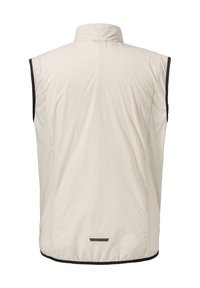 Leichte, ärmellose Weste in Off-White mit schwarzen Akzenten. Sie hat einen hohen Kragen und eine glatte Textur, ideal zum Layering.