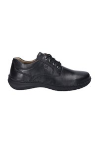 Chaussure noire en cuir à lacets avec une finition lisse, un bout arrondi et des accents cousus, dotée d'une semelle en caoutchouc à profil bas pour le confort.