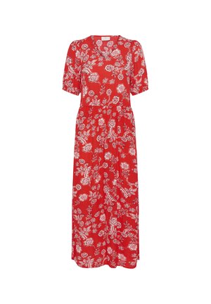 Robe midi rouge à imprimé floral blanc, manches courtes bouffantes et décolleté en V.