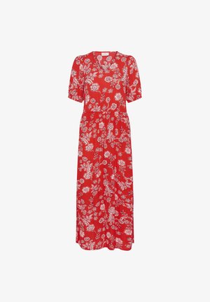 Robe midi rouge à imprimé floral blanc, manches courtes bouffantes et décolleté en V.