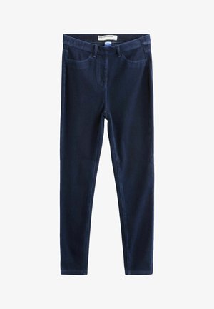 Leggings en denim bleu foncé avec une texture lisse, un design ajusté et une taille mi-haute. Comprend un style classique à cinq poches et des passants de ceinture.