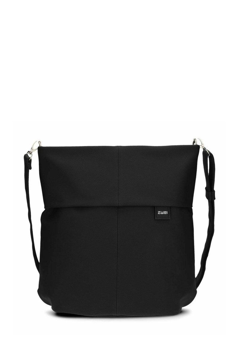 Borsa a spalla nera realizzata in materiale sintetico testurizzato. Presenta un design semplice, una forma piatta, una tracolla regolabile e un accento con logo.