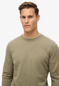 Olijfgroene sweatshirt met lange mouwen gemaakt van een katoenmengsel, met een ronde hals en een subtiel geborduurd logo op de borst.