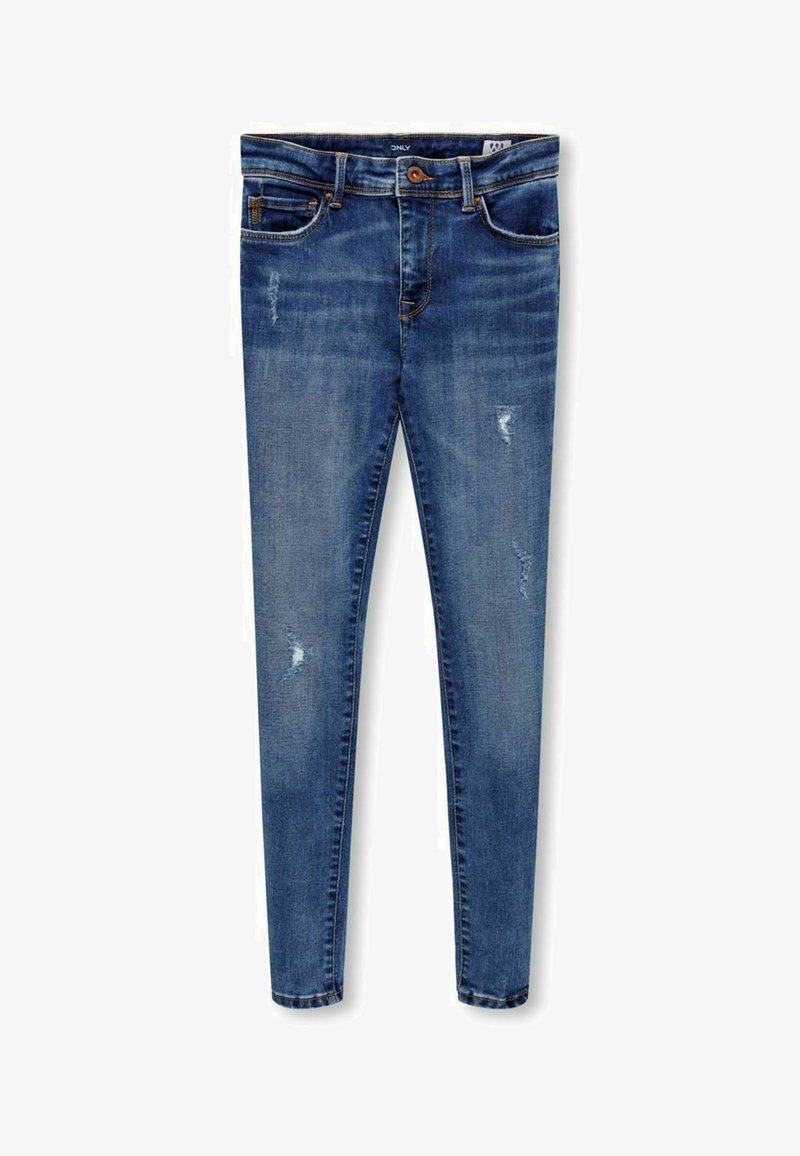 Jeans skinny blu in denim, con vita a media altezza, dettagli strappati e tradizionale design a cinque tasche.