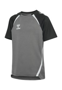 T-shirt de sport à manches courtes en gris foncé avec manches noires, logo de la marque blanc et bandes blanches d'accent sur les côtés et les épaules.