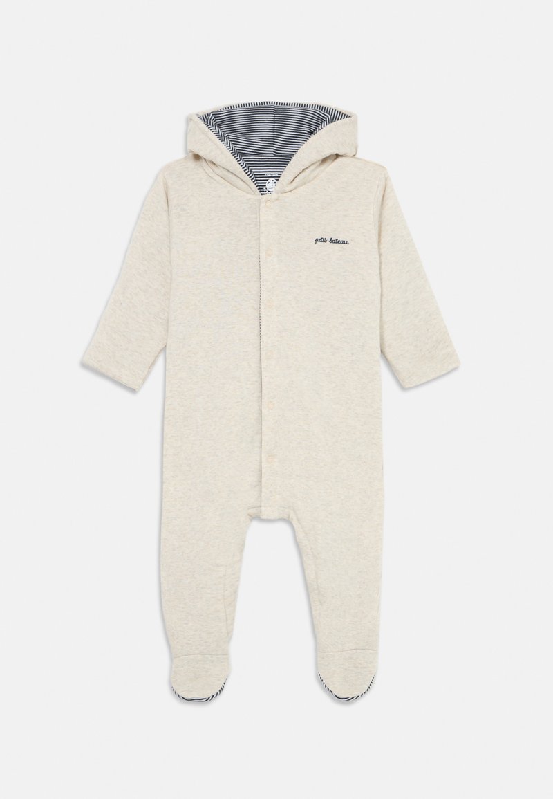 Beige cotton onesie with a hood, featuring a striped lining. Button closure down the front and contrasting striped accents on cuffs and feet.