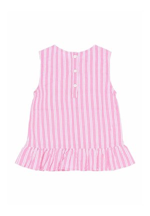 Ružový pruhovaný bezrukávový top s volánovým lemom, s piatimi gombíkmi pokrytými látkou na chrbte a voľným strihom.