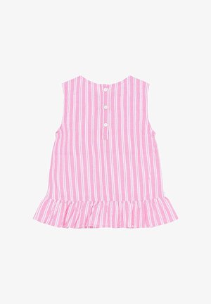 Top fără mâneci, cu dungi roz, având un tiv cu volane, prezentând cinci nasturi acoperiți cu material la spate și o croială lejeră.