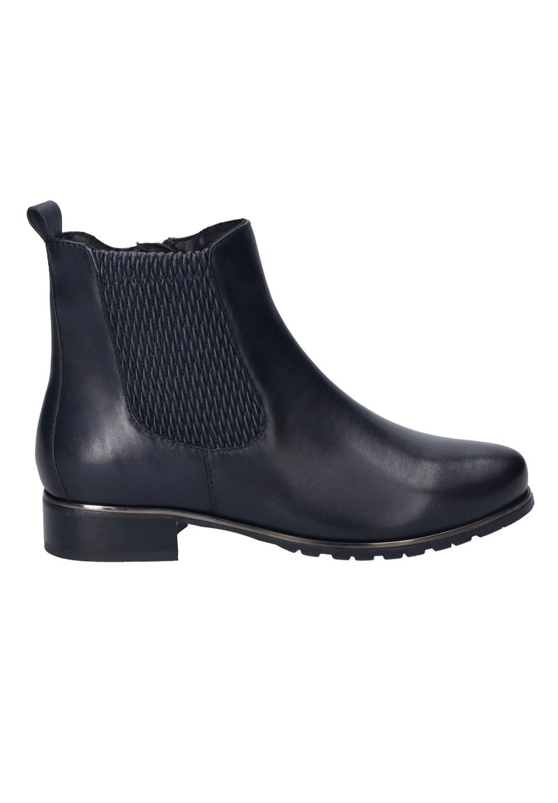 Black leather ankle boot with elasticated side panels, rounded toe, low heel, textured detailing, and a smooth finish.