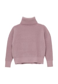 Dzianinowy sweter z golfem w jasnoróżowym kolorze. Posiada żebrowaną fakturę, opadające ramiona oraz lekko skrócony dół. Miękka i przytulna tkanina.